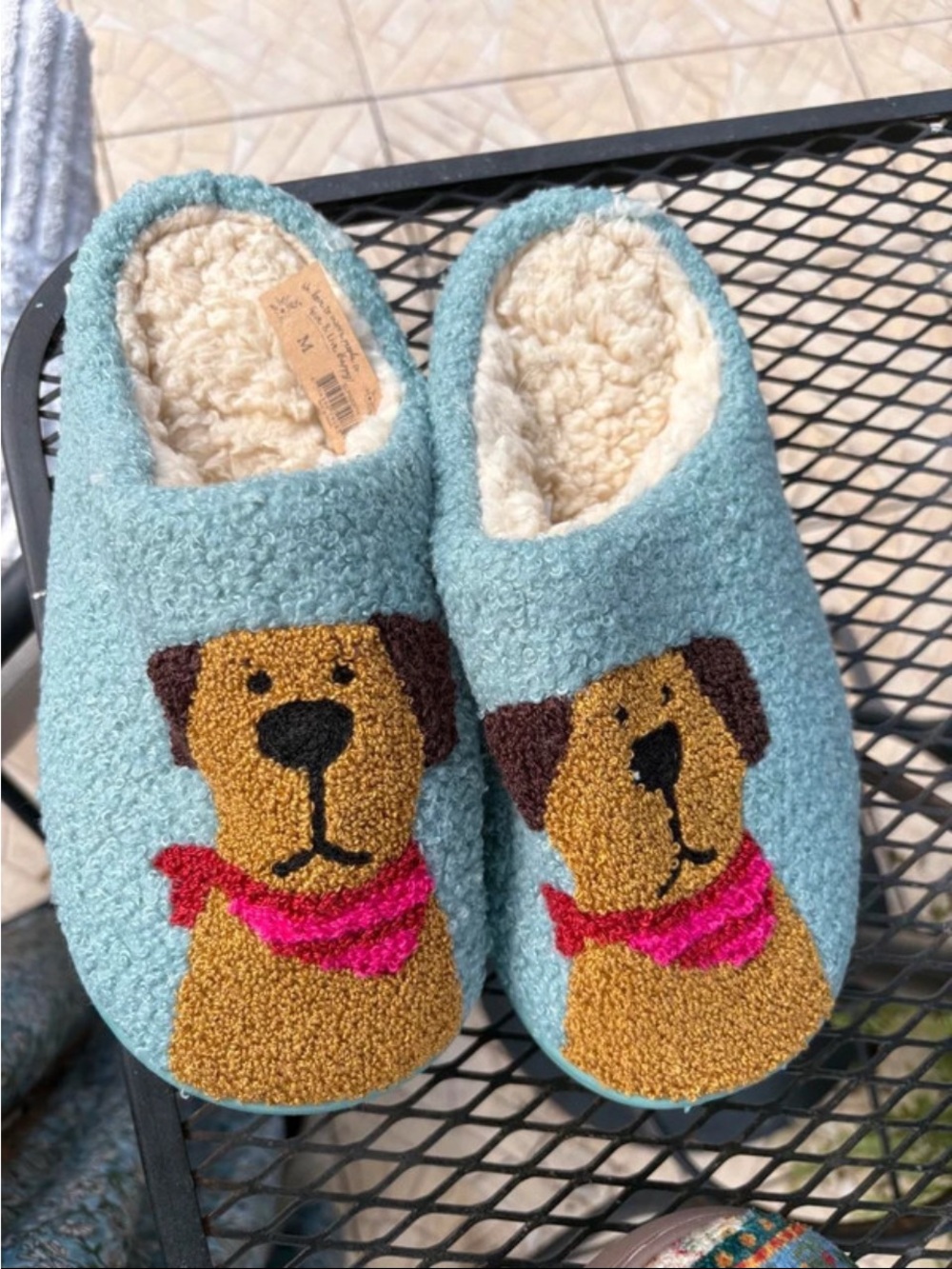 NATURAL LIFE Teal Dog Face Cozy Slippers with Pink Scarf